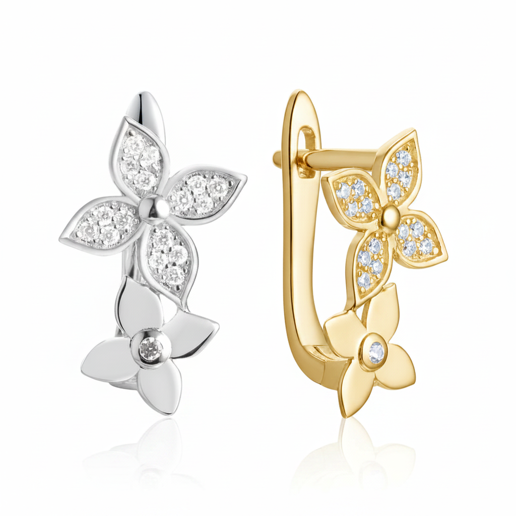 Crystal Bloom Earrings – Yellow Gold & Silver