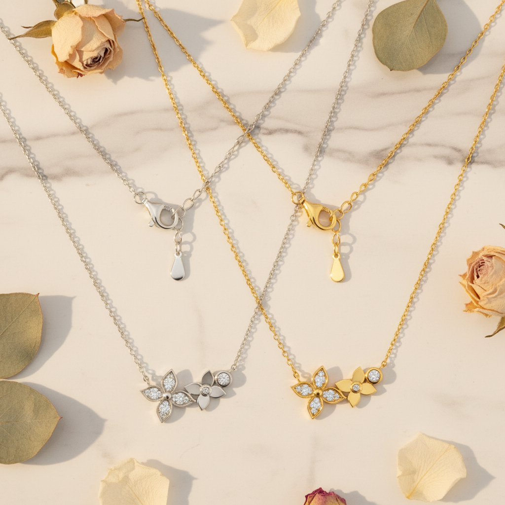 Crystal Blossom Necklace – Marble Floral Flat Lay