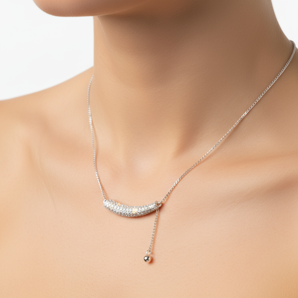 Crystal curved bar necklace worn on neck