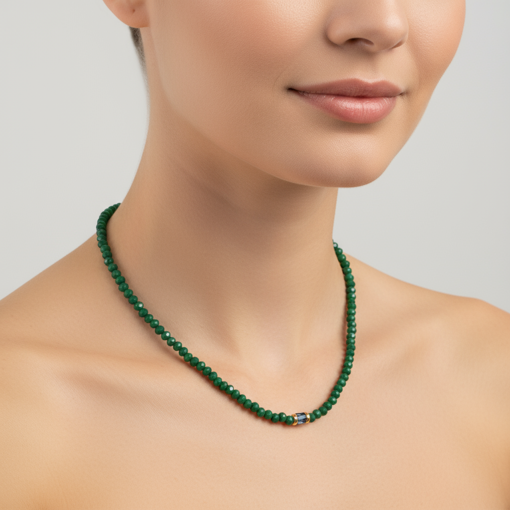 Emerald green beaded necklace on model