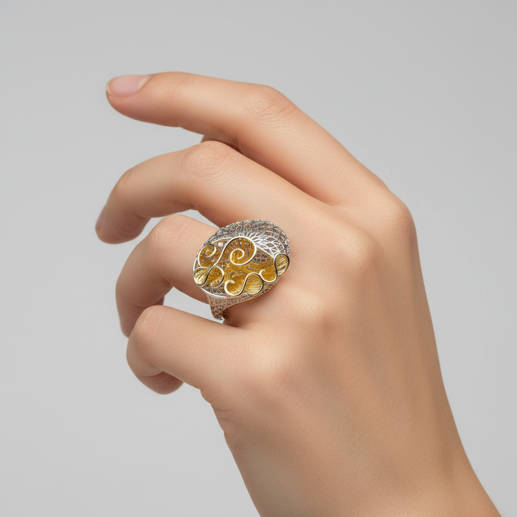 Flat oval two-tone filigree ring on model's finger