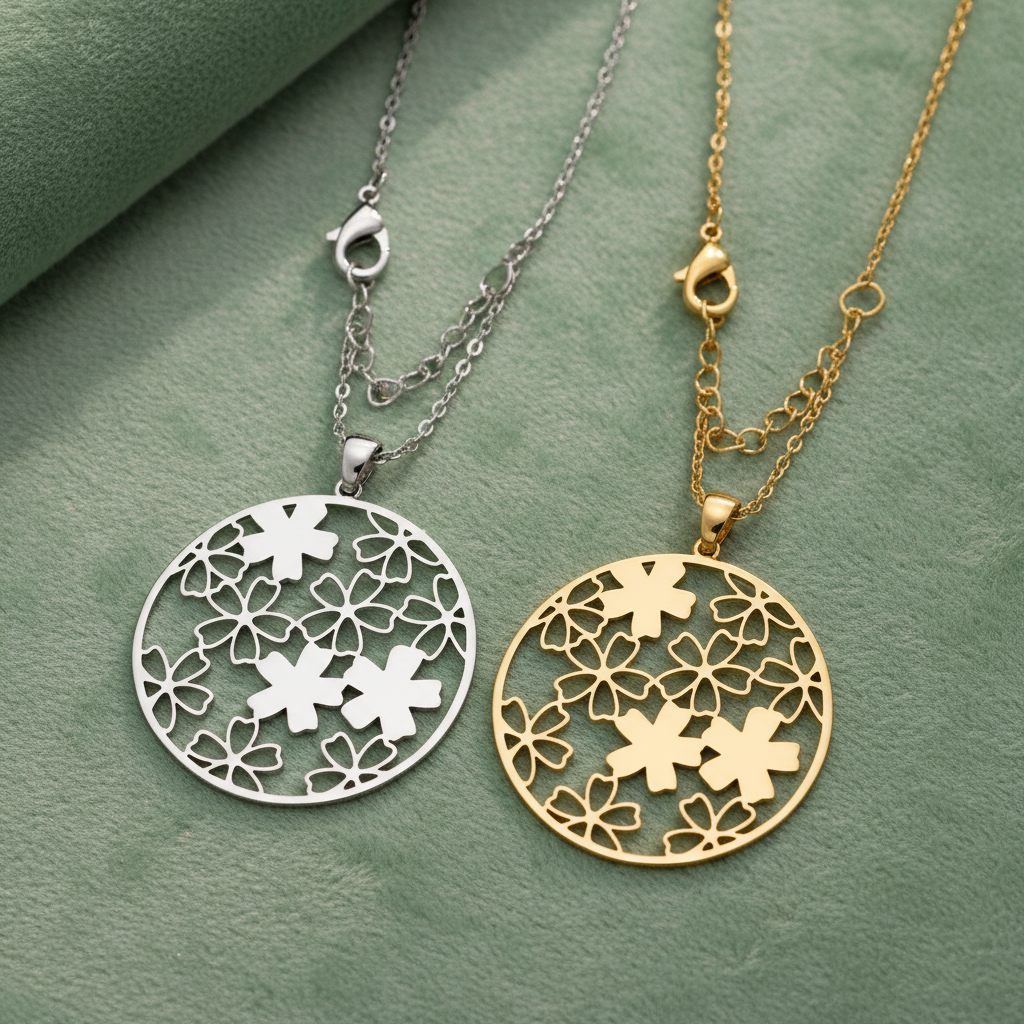 Floral Harmony Pendant Necklace Gold & Silver on Sage Velvet