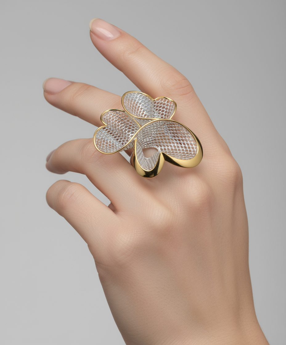 Flower ring on model's finger