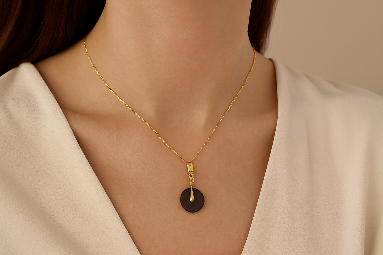 Generated lifestyle image of the modern gold and dark disc necklace being worn