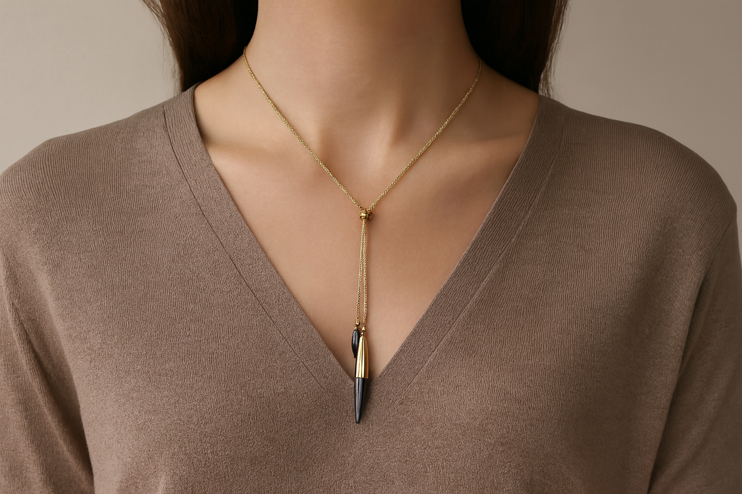 Generated lifestyle image of the modern necklace being worn