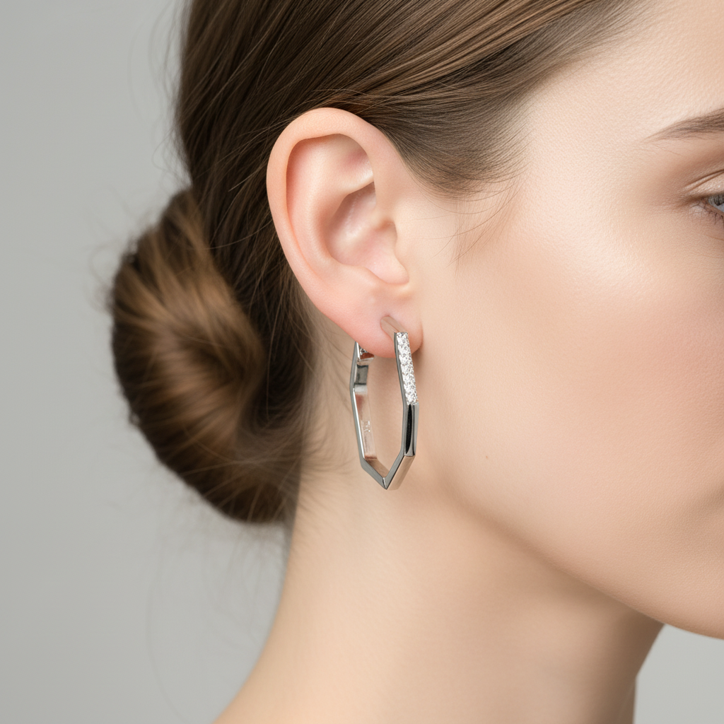 Geo Octagon Silver Earring on Model Ear