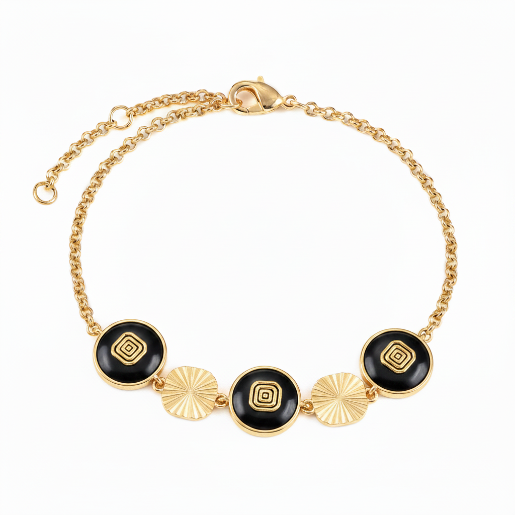 Geometric Station Bracelet - Black Stone Round Stations