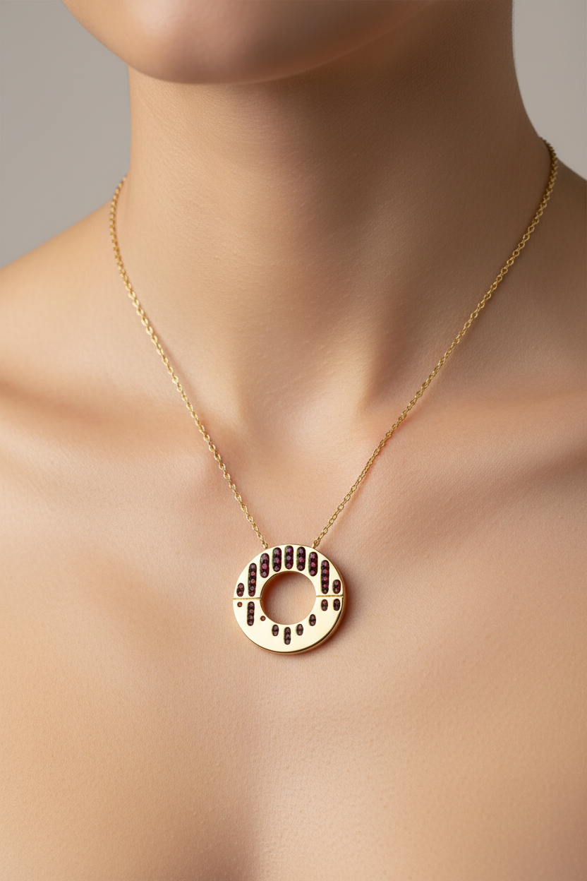 Gold circular pendant with garnets on model
