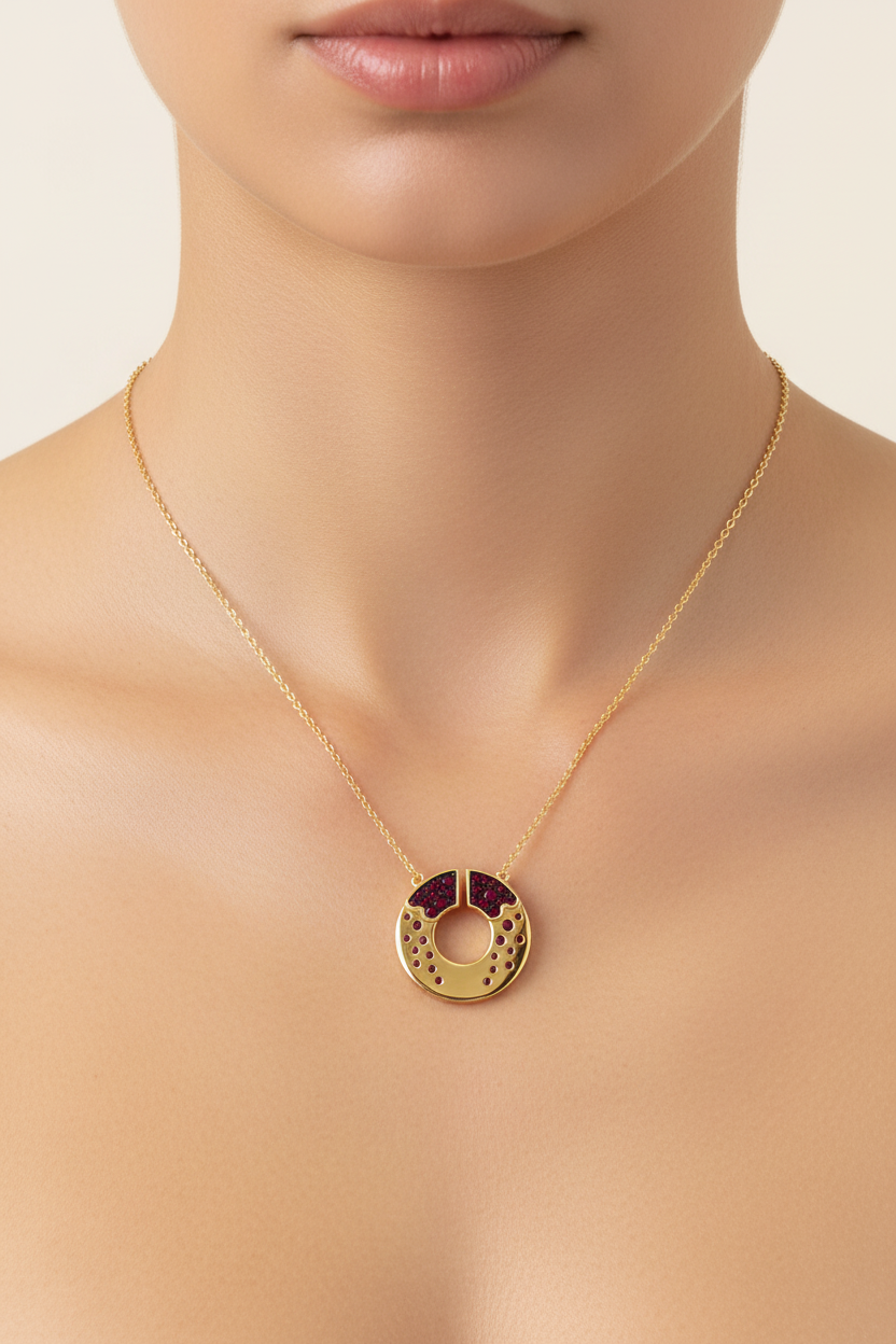 Gold circular pendant with rubies on model