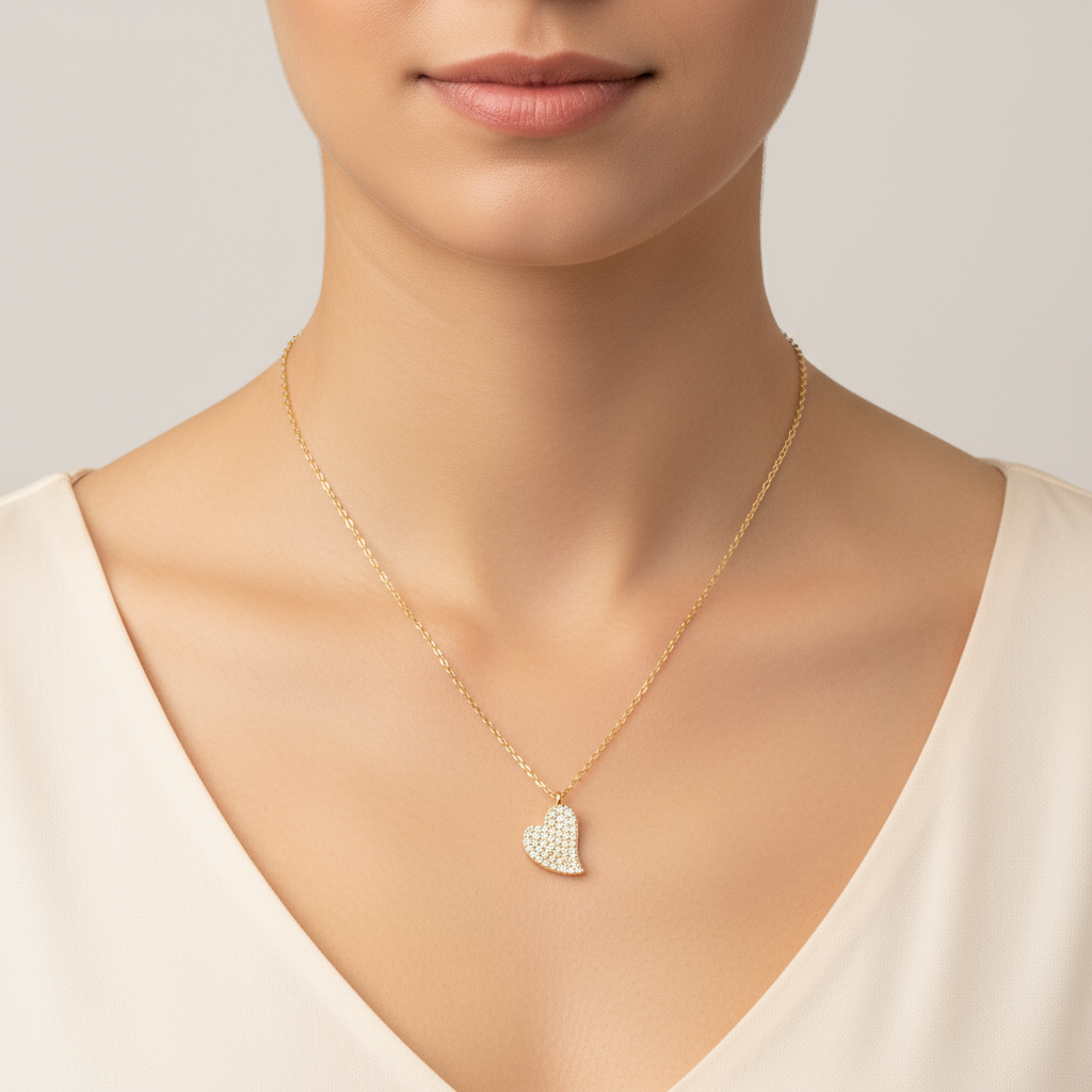 Gold crystal heart necklace on model neck