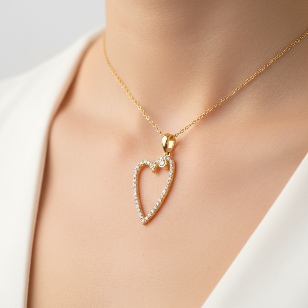 Gold crystal heart pendant worn on neck