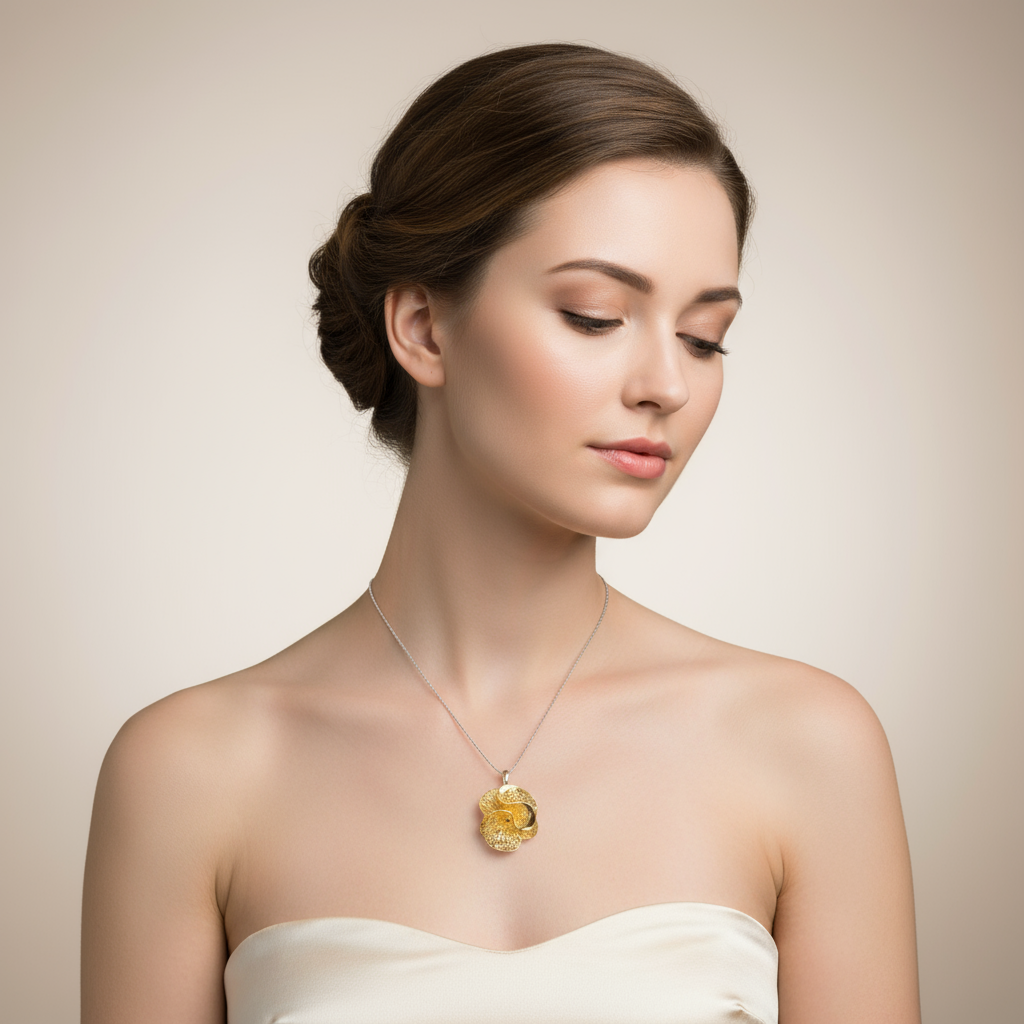 Gold filigree flower pendant necklace on model