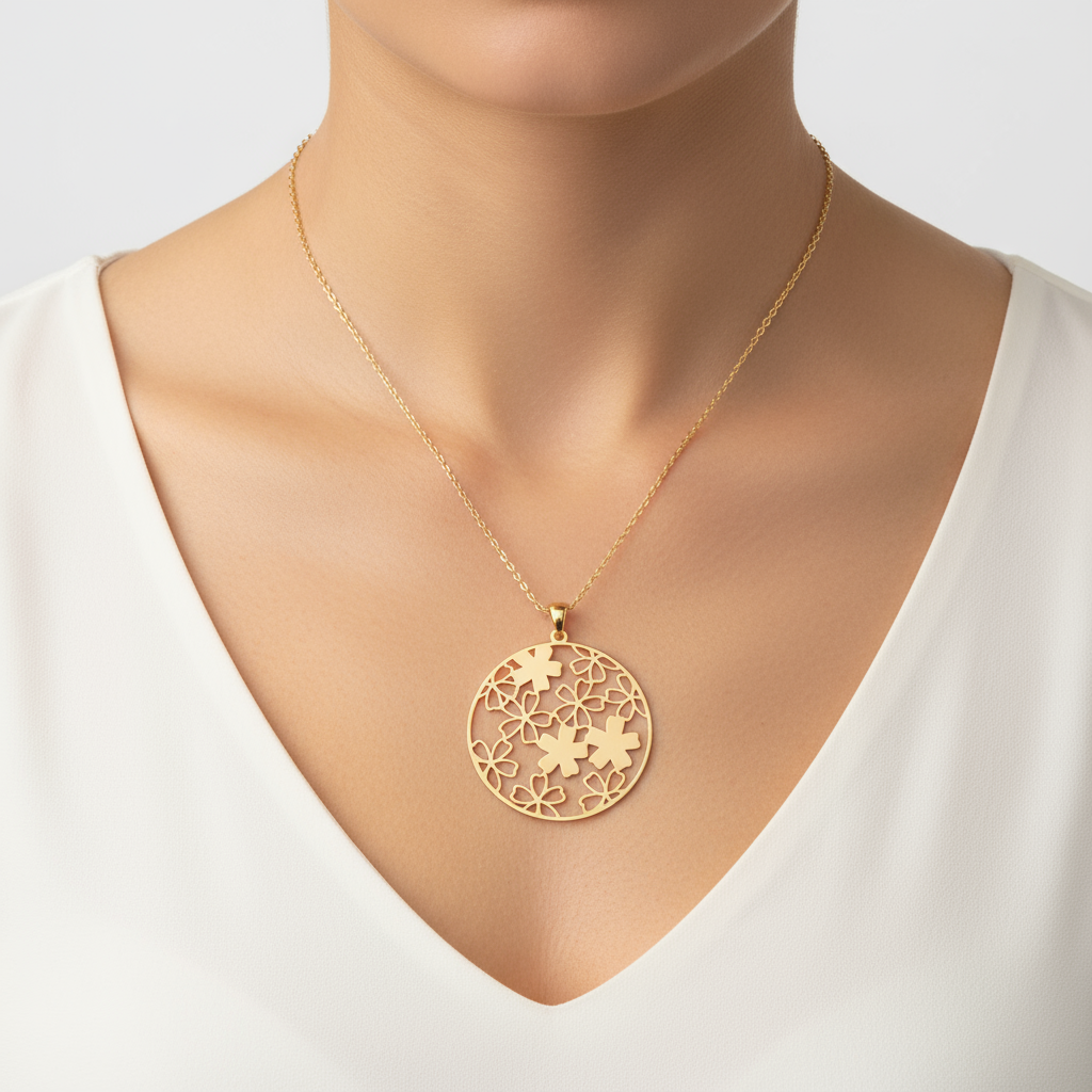 Gold floral disc pendant necklace on model neck