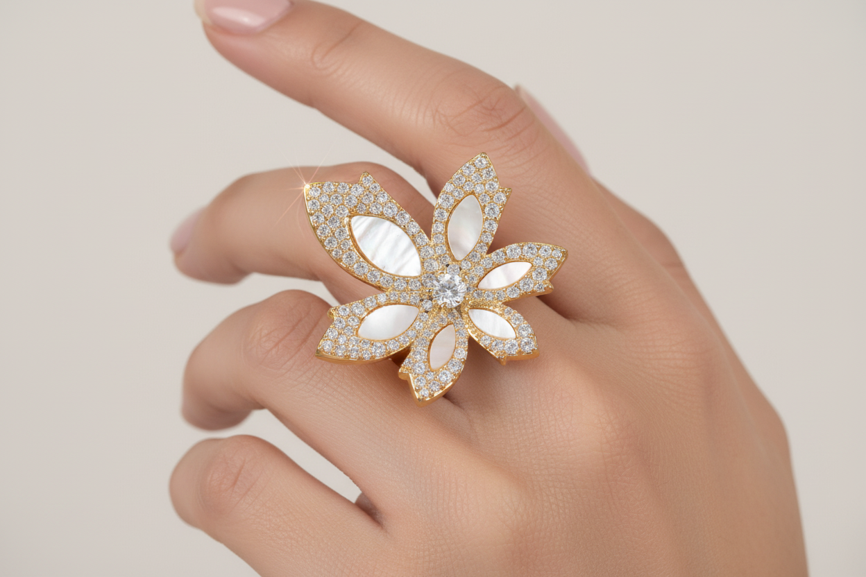 Gold flower ring with mother of pearl on finger