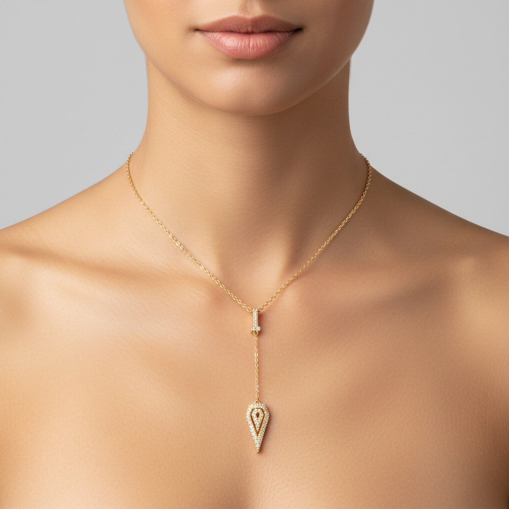 Gold leaf pendant Y-necklace on model neck