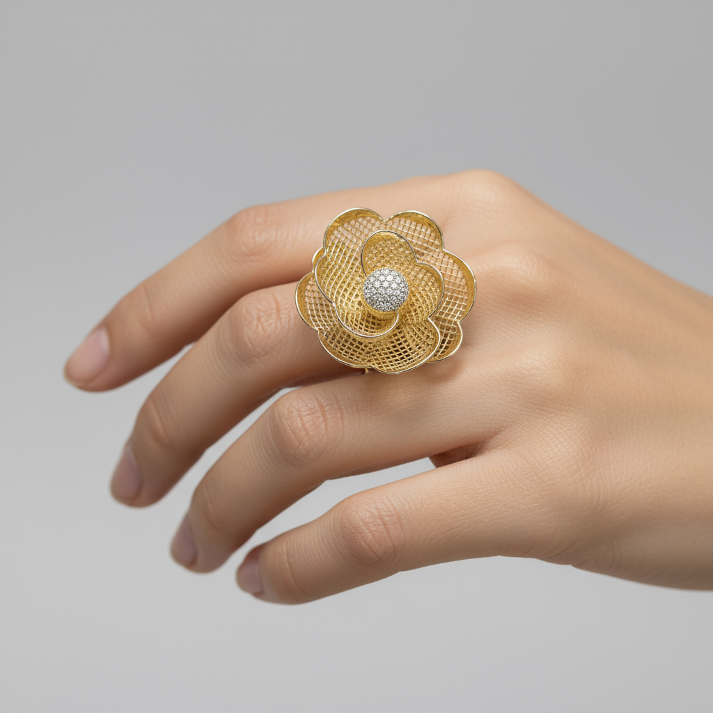 Gold mesh flower ring with diamond center on model's finger