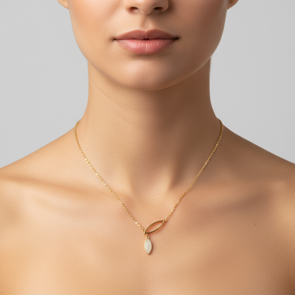 Gold necklace on model neck