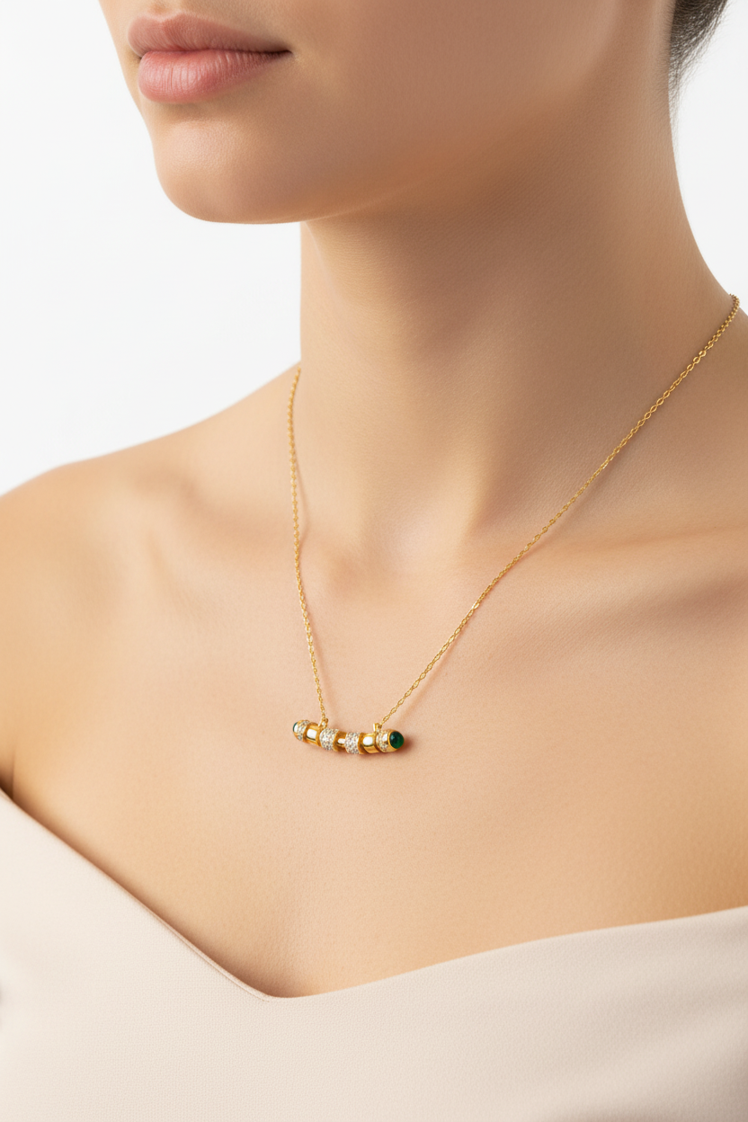 Gold necklace with diamond beads worn on neck