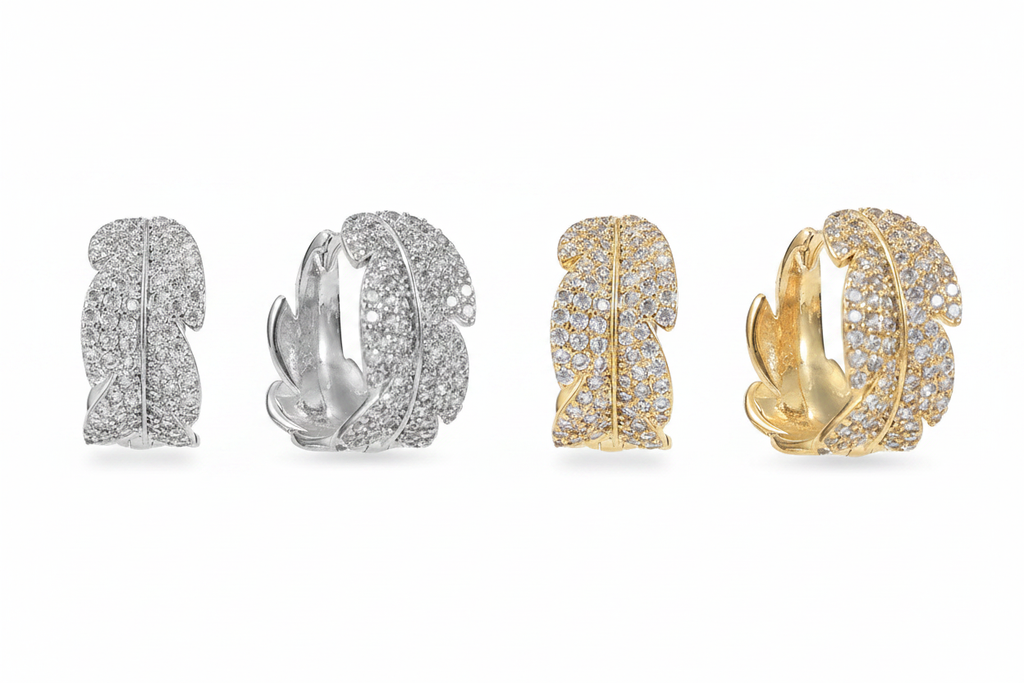 Gold & Silver Pavé Leaf Huggie Earrings