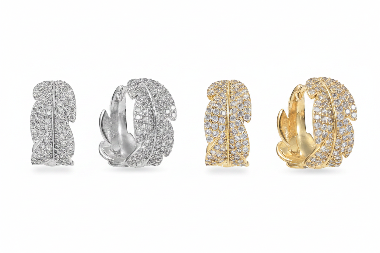 Gold & Silver Pavé Leaf Huggie Earrings