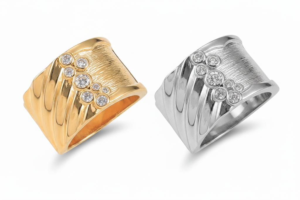 Gold & Silver Wide Band Crystal Ring