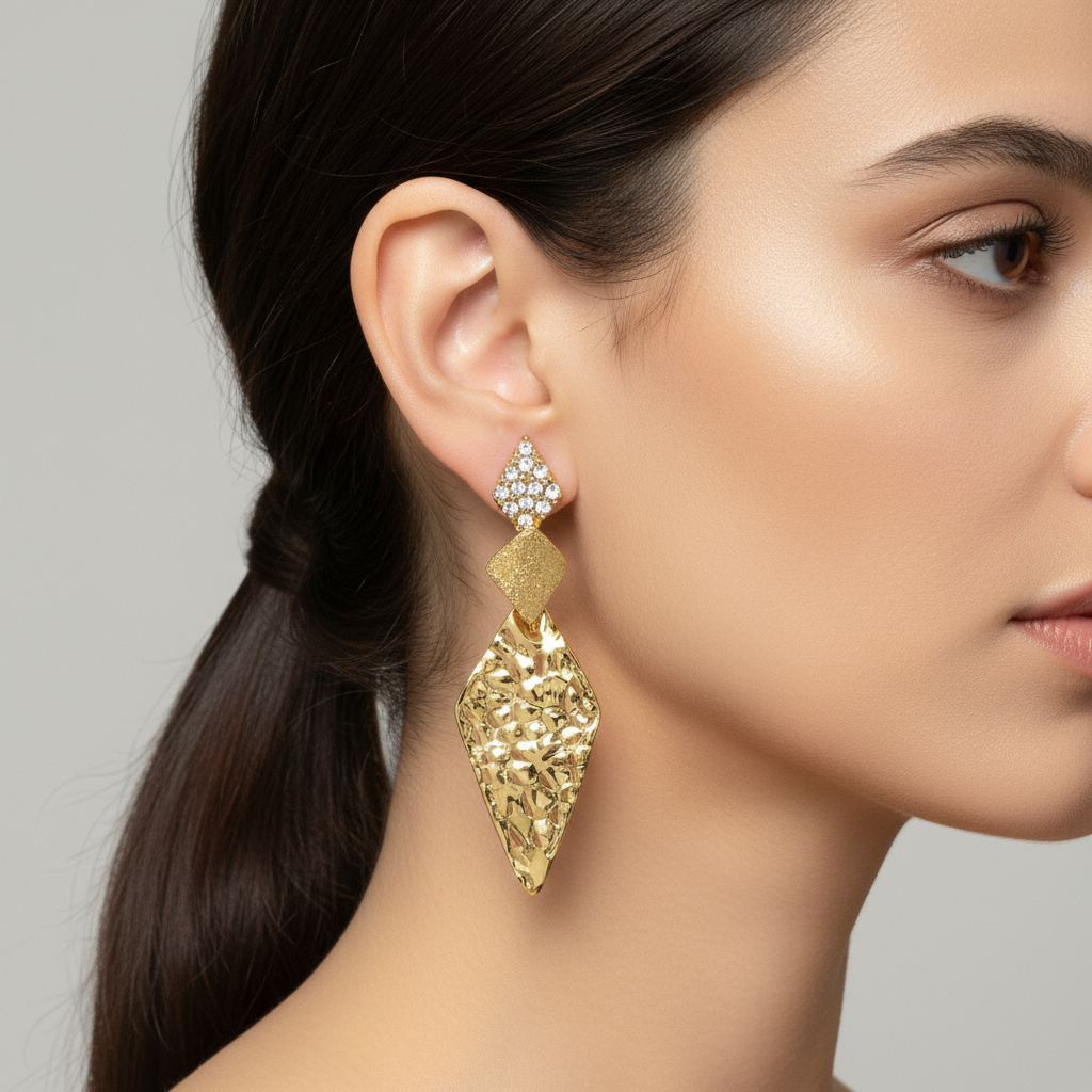 Gold three-tiered filigree drop earring on model ear