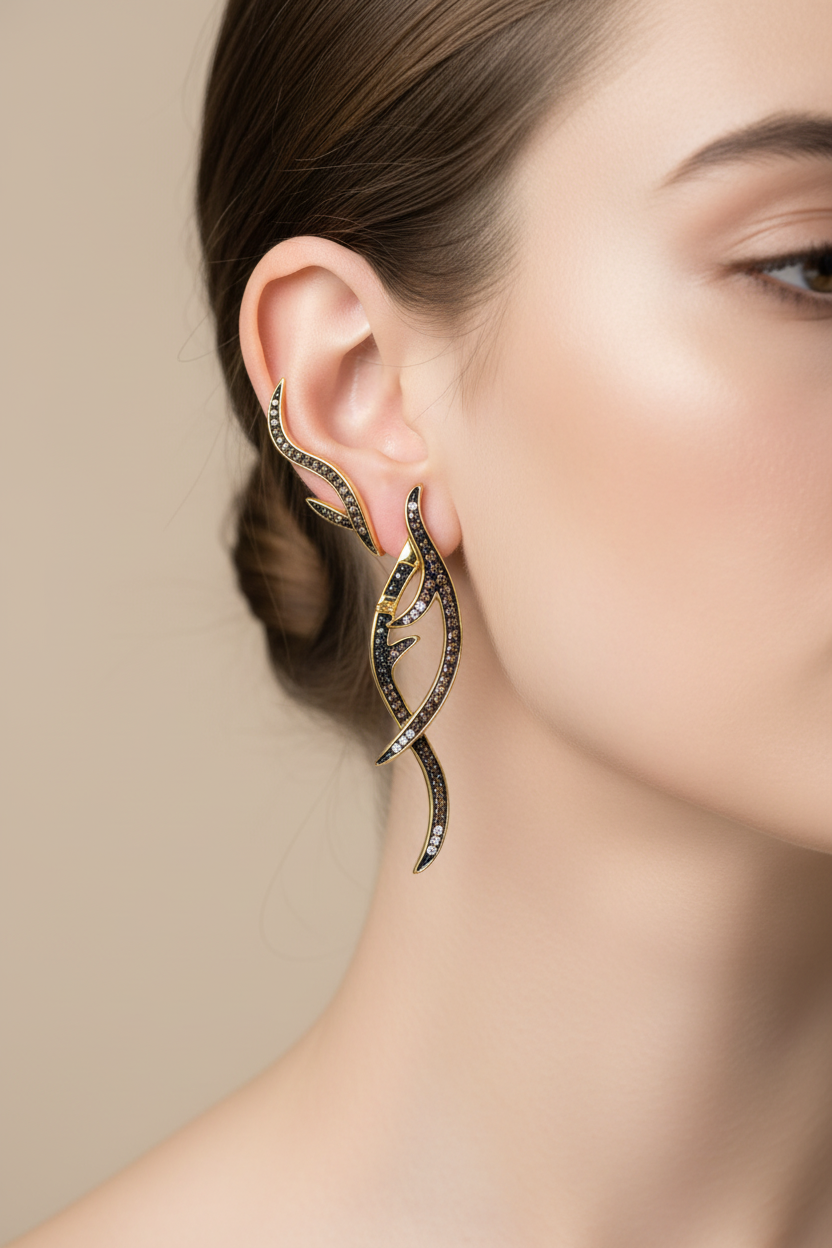 Gold twisted branch earrings on ear