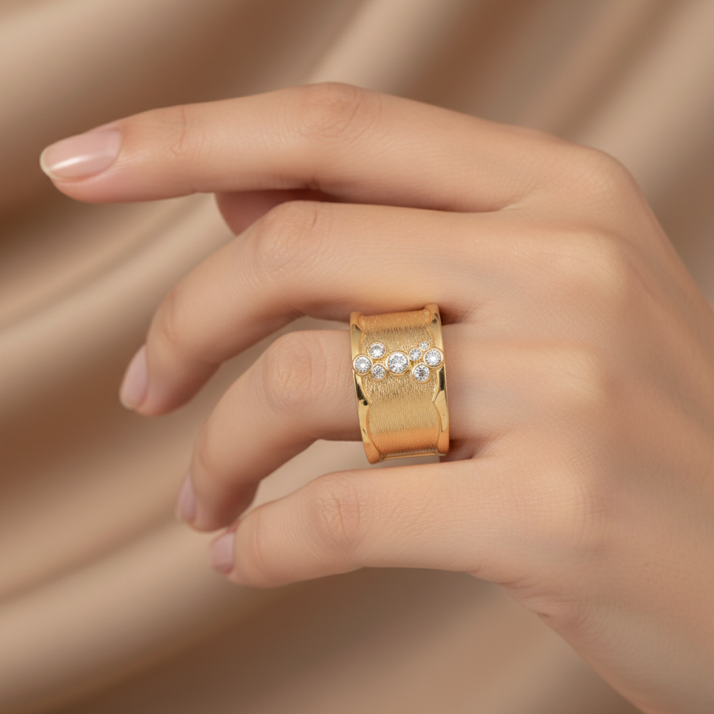 Gold Wide Band Crystal Ring on Finger