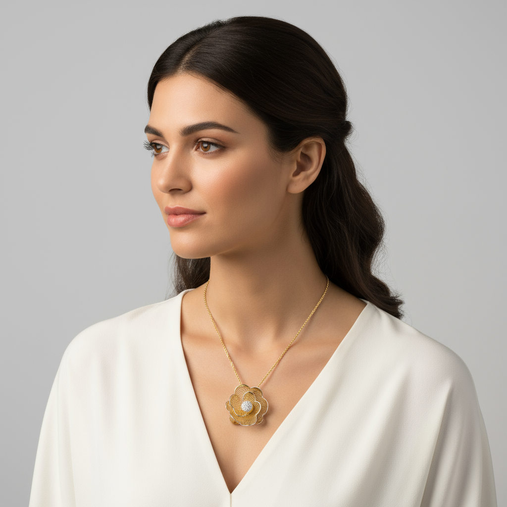 Golden Blossom pendant necklace on model