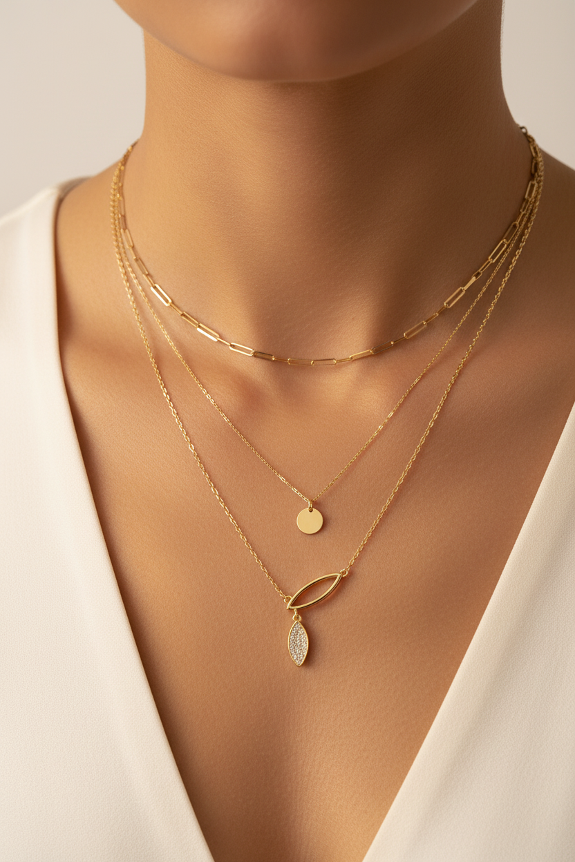 Golden Glint Drape Necklace Layered on Model