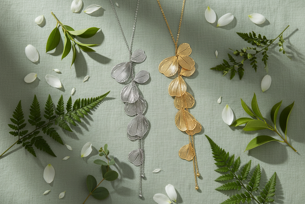 Golden Petal Cascade Necklaces on Botanical Background