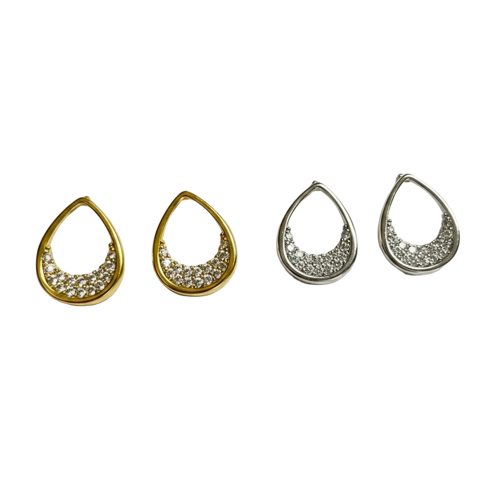 Golden Silver Raindrop Pavé Stud Earrings