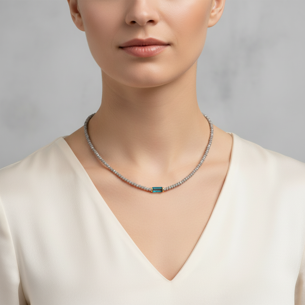 Grey Bead Necklace on Model