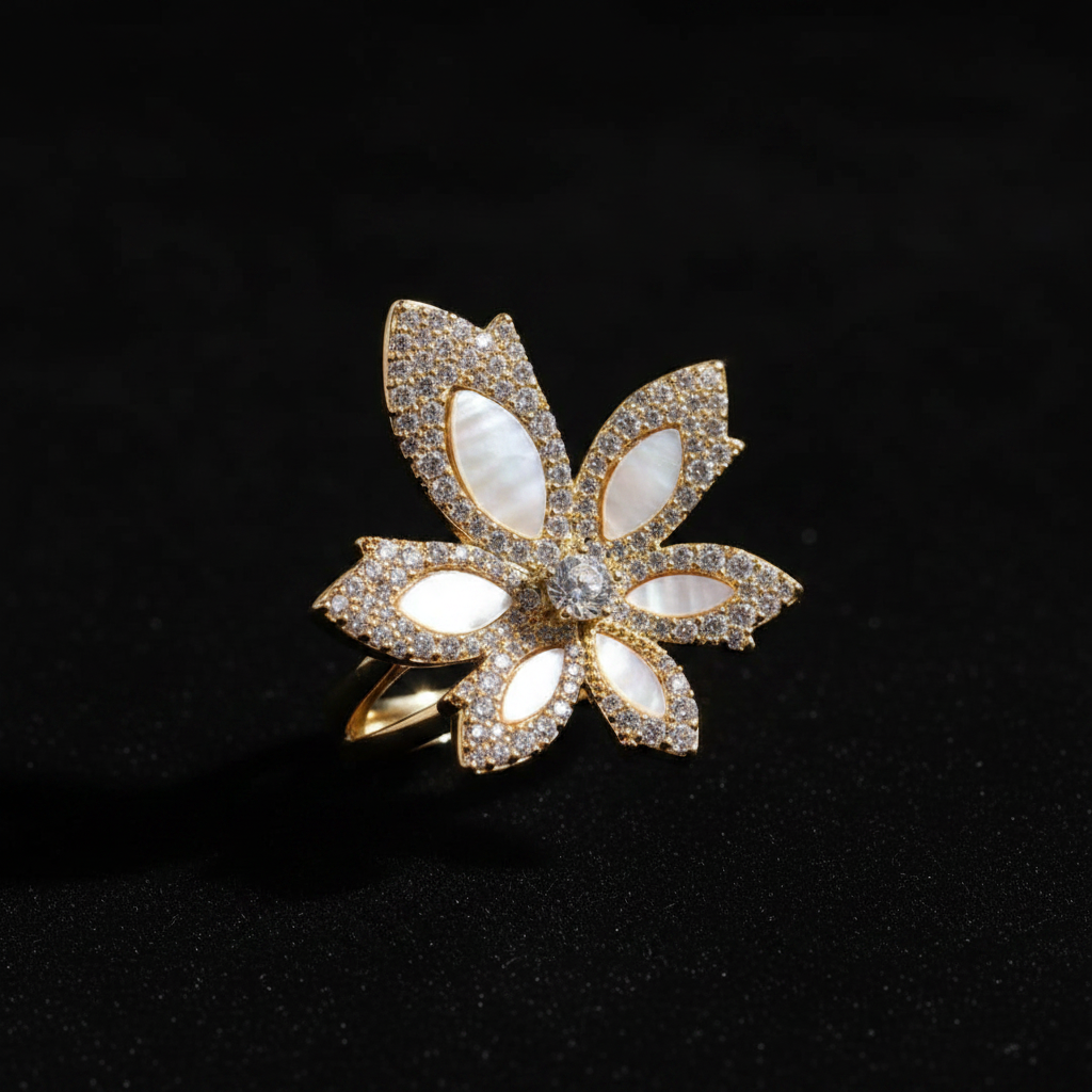 Forever Fleur Ring on dark velvet background