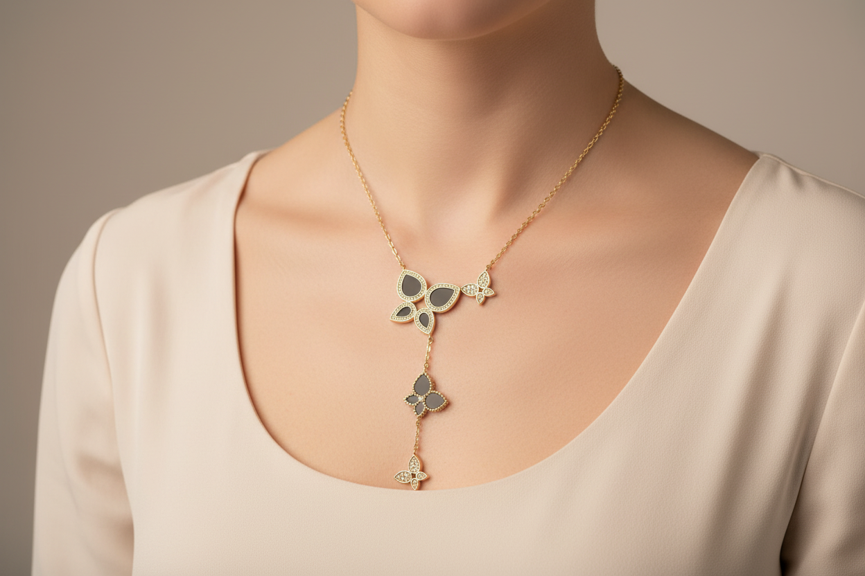 Black Onyx Butterfly Lariat on Model