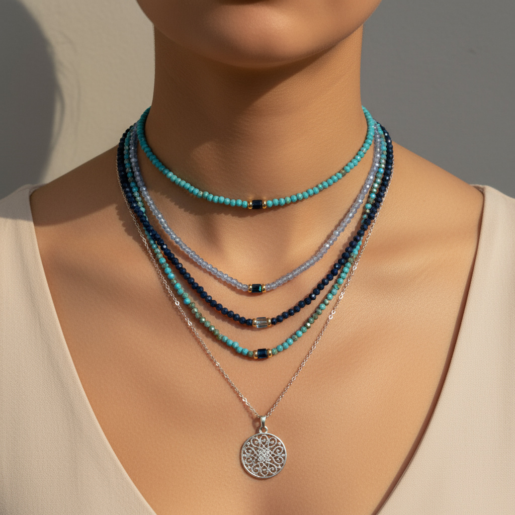 Layered necklaces on model