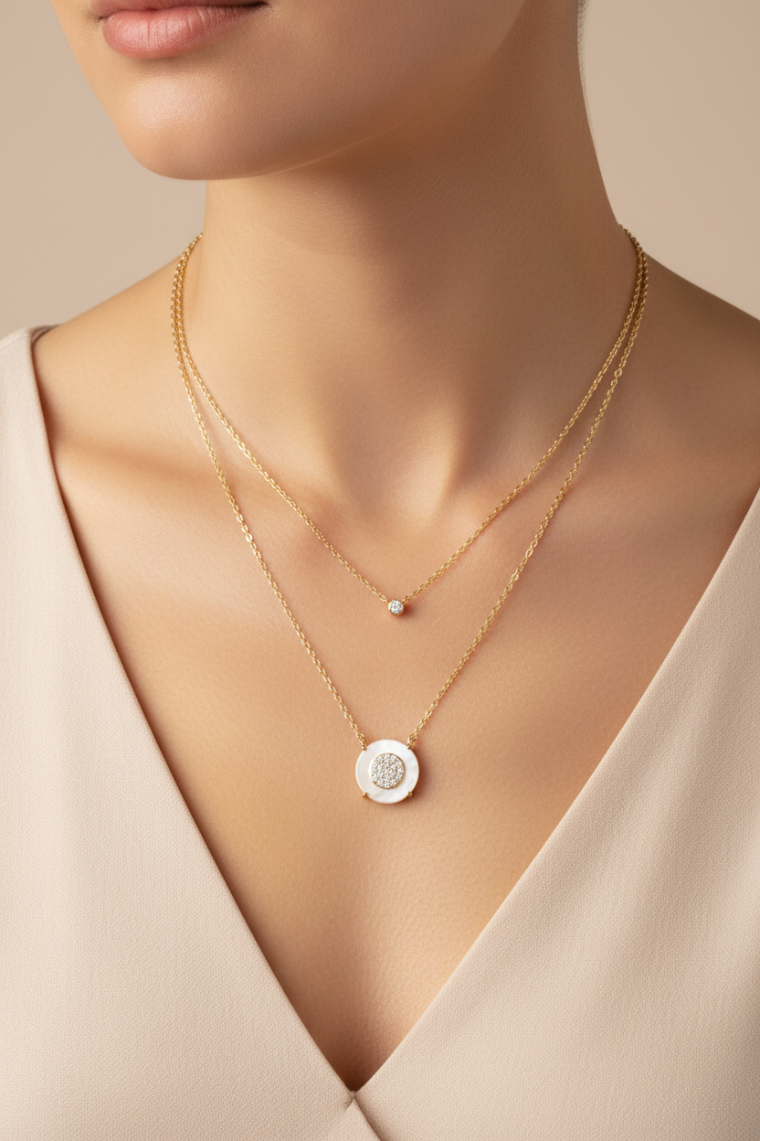 Layered necklaces on neck