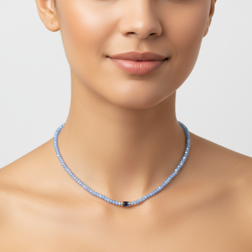 Light blue beaded necklace on model