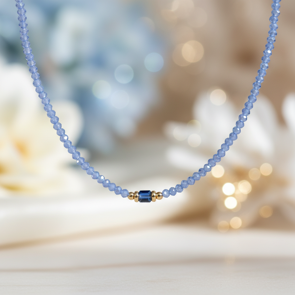 Light blue beaded necklace with smaller center stone