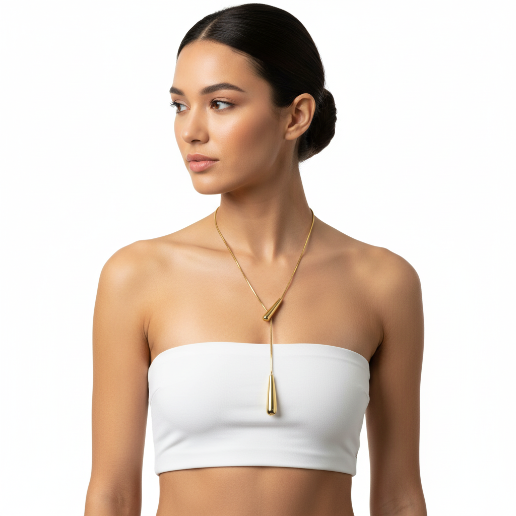 Long lariat necklace on model
