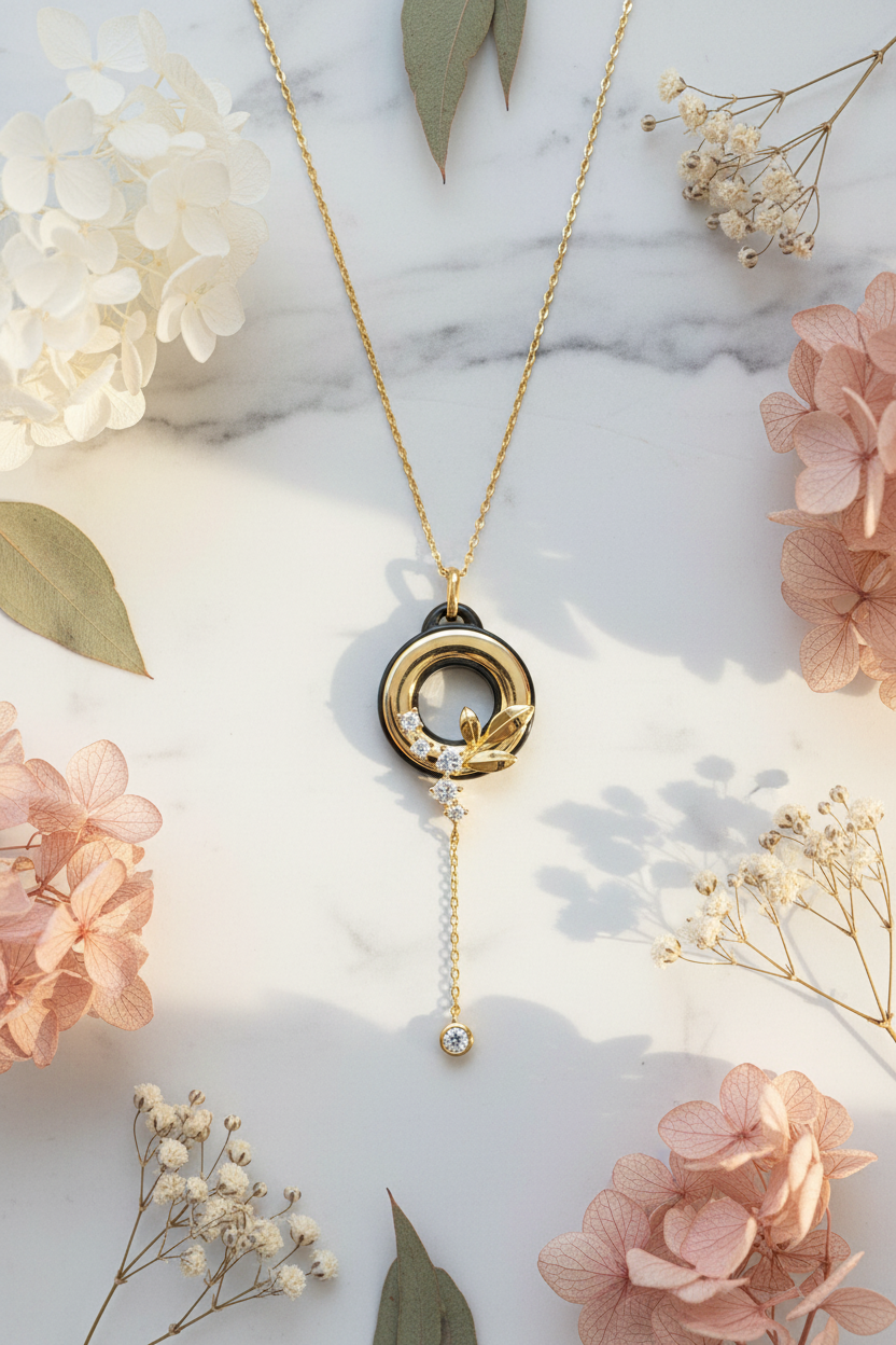 Lotus Halo CZ Drop Necklace – Gold with Background