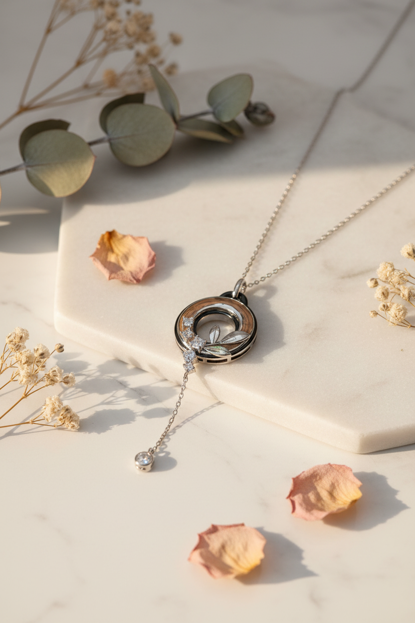 Lotus Halo CZ Drop Necklace – Silver with Background