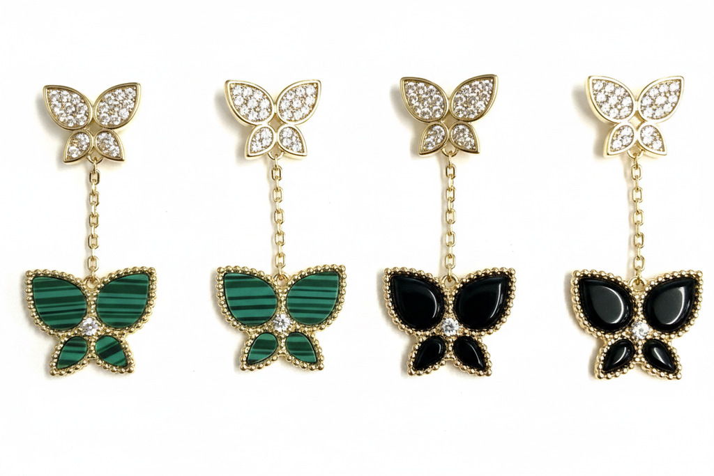 Malachite & Black Butterfly Chain Drop Earrings