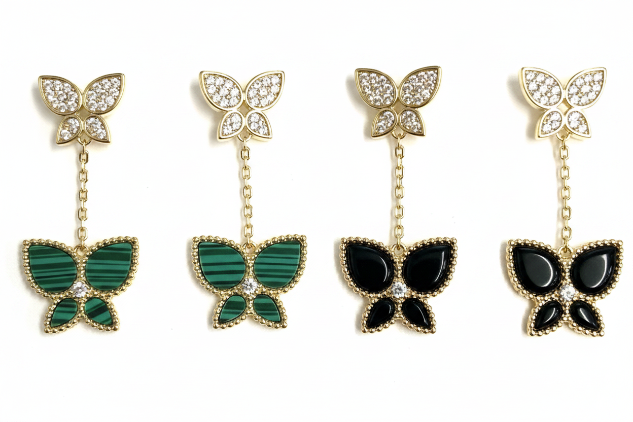 Malachite & Black Butterfly Chain Drop Earrings