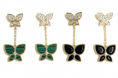 Malachite & Black Butterfly Chain Drop Earrings