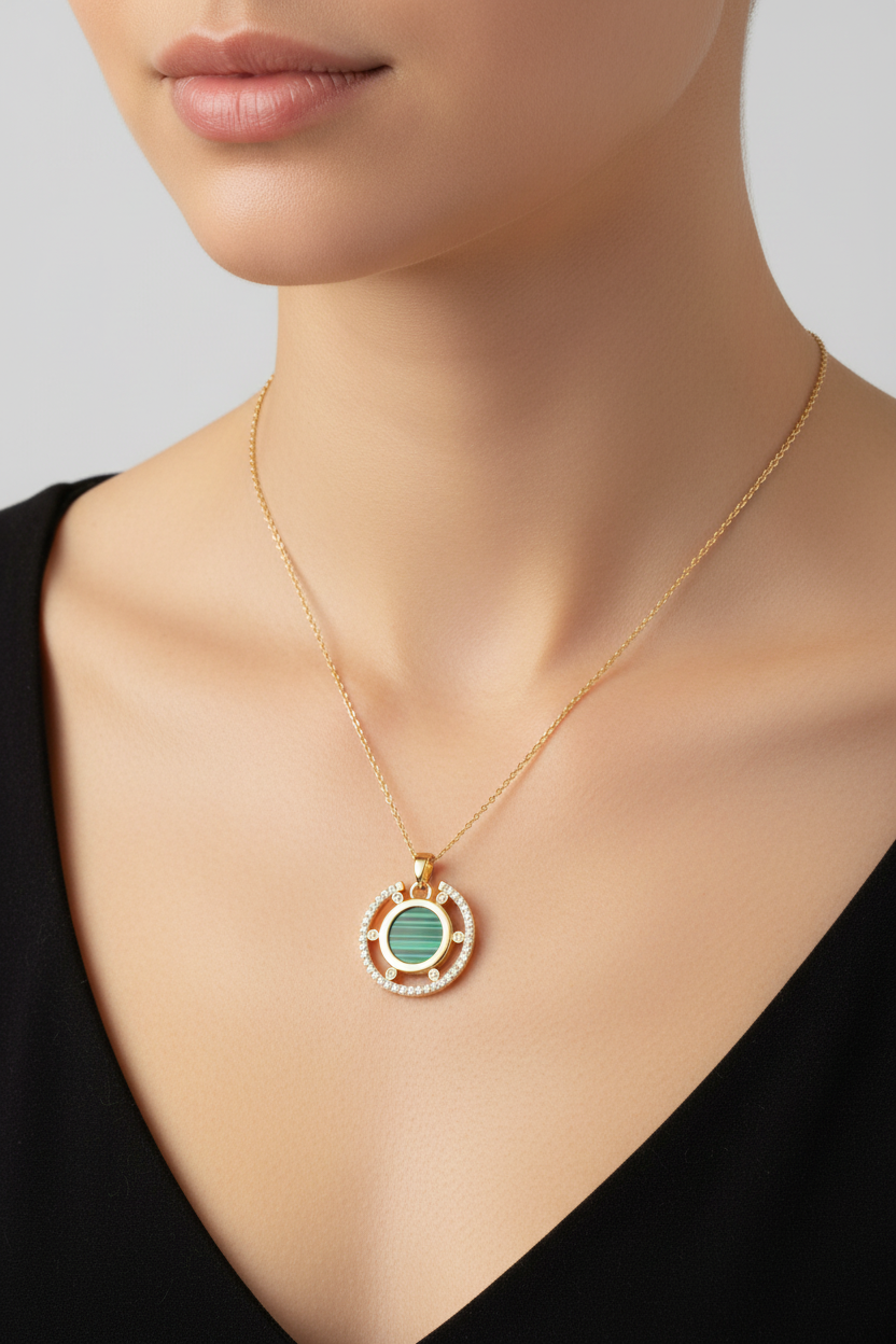 Malachite pendant necklace on model