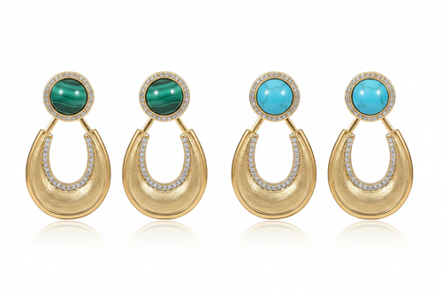 Malachite & Turquoise Cabochon Gold Crescent Drop Earrings - 2 Pairs