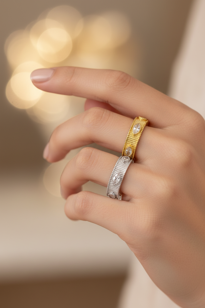 Marquise CZ Open Band Ring – Gold & Silver On Finger
