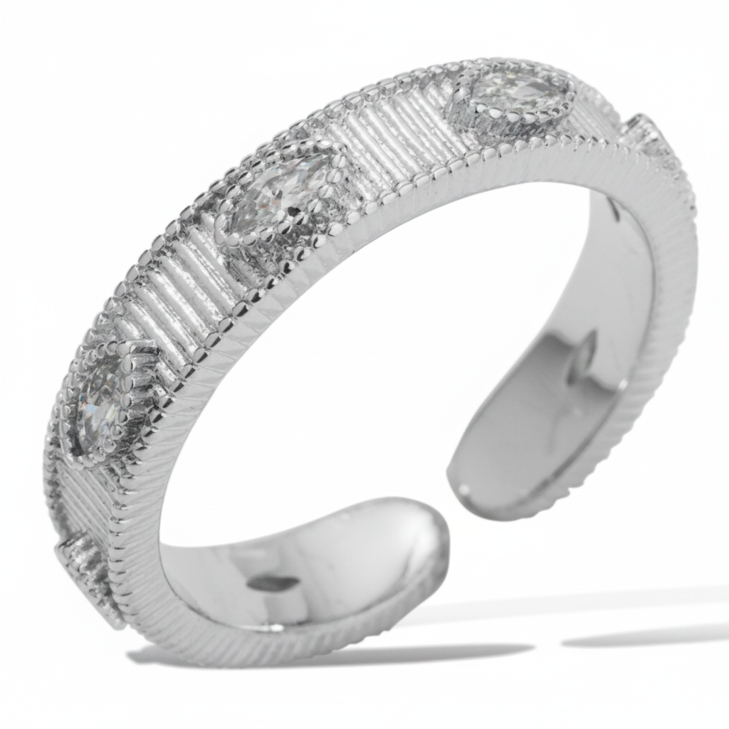 Marquise CZ Textured Open Band Ring – Silver