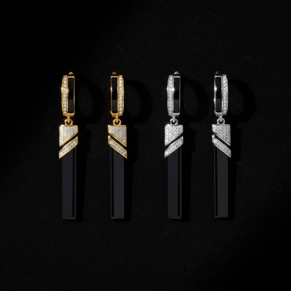 Midnight Prism Drop Earrings – Dark Background Flat Lay
